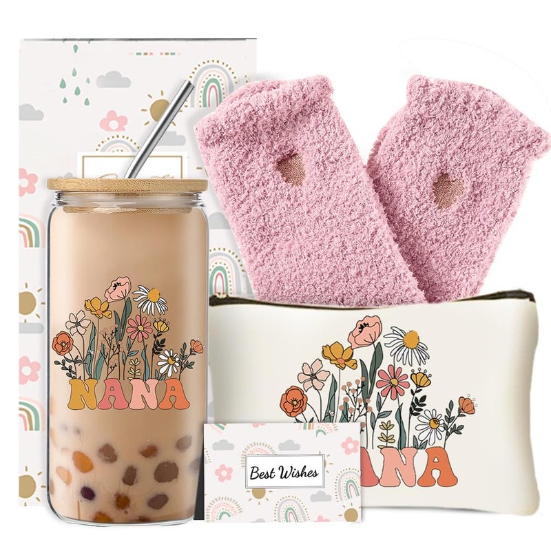 DHQH Best Nana Gifts for Women  Birthday Christmas Gifts Set from Granddaughter Grandson  Godmother Thanksgiving Ideas Gift with 16 Oz Glass Cup - Image 1