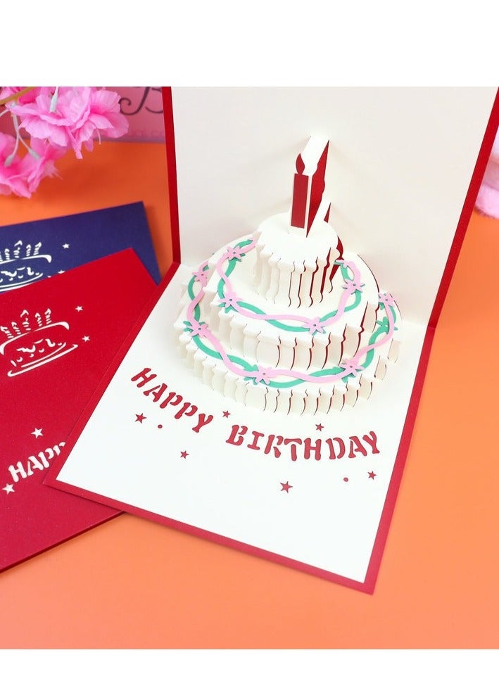 3D Birthday Cake Pop-Up Greeting Cards – Red & Blue Designs (Pack of 2pcs) - Image 2