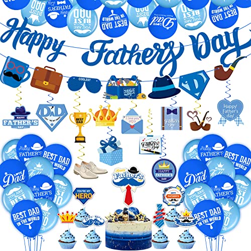 Funnlot Happy Fathers Day Decorations 64pcs with Banner Cake Topper Balloons Ceiling Hangings More in Red Mint Colors - Image 1