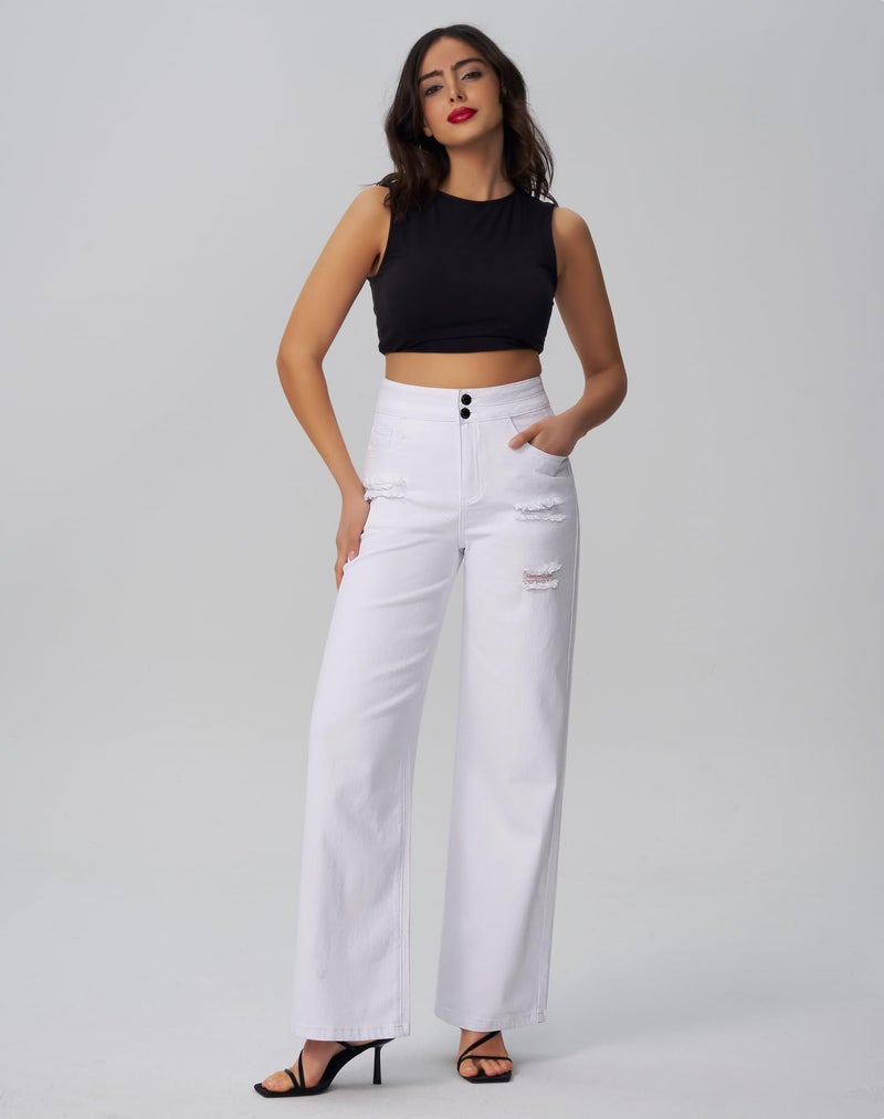 roswear Stretchy Loose Jeans for Women Wide Leg High Waisted Baggy Denim Distressed Pants White X-Large - Image 3
