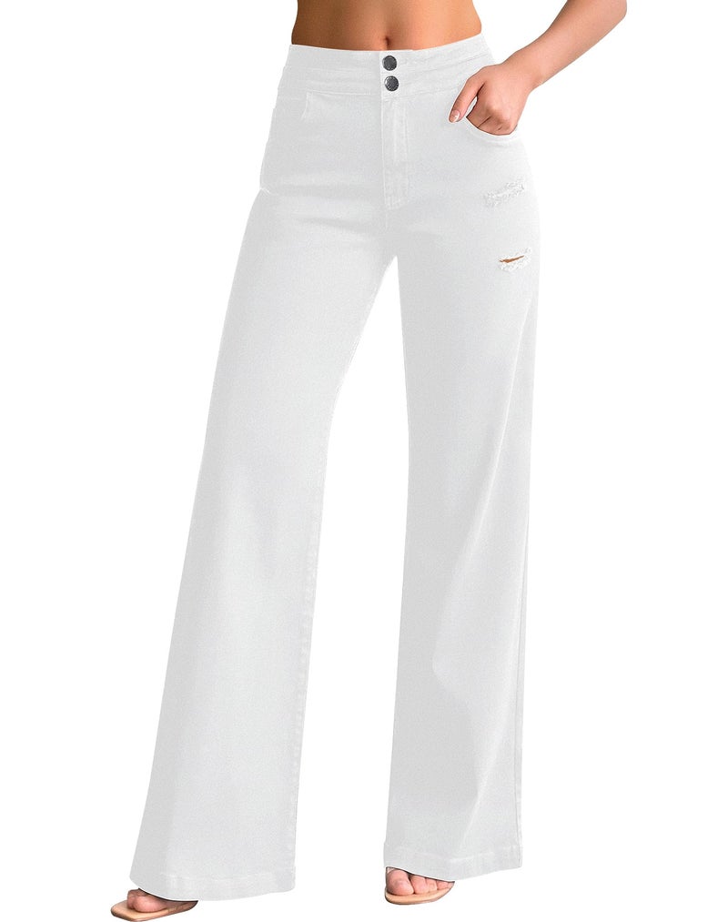 roswear Stretchy Loose Jeans for Women Wide Leg High Waisted Baggy Denim Distressed Pants White X-Large - Image 1