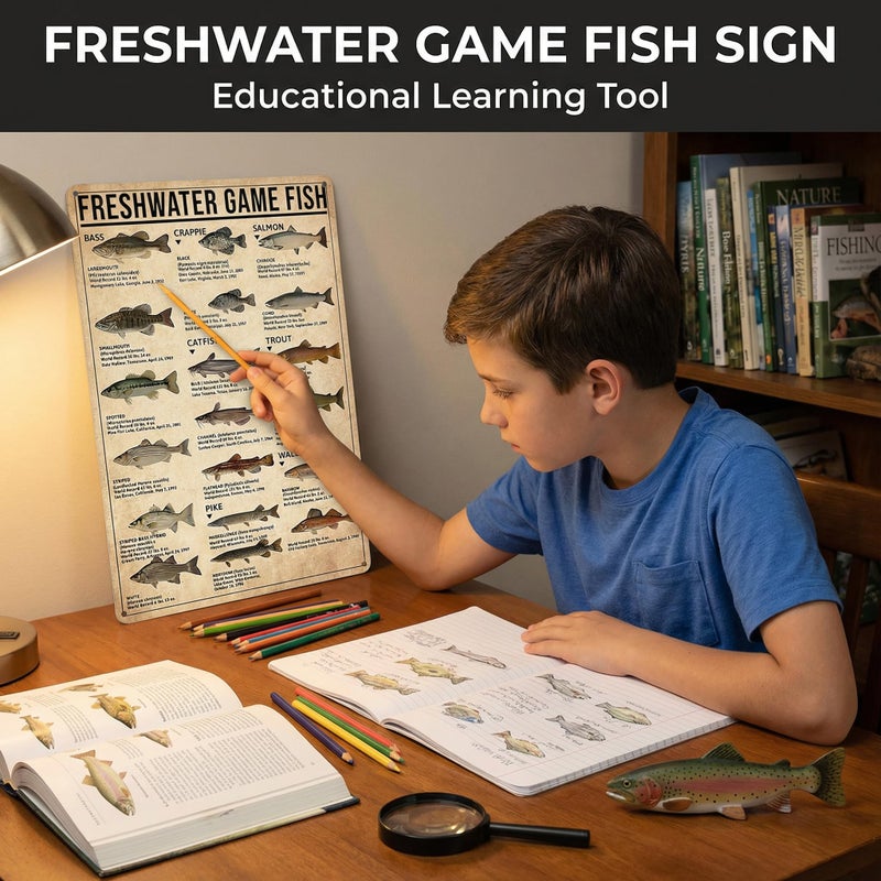 Smilelife Boy's Fishing Gifts Vintage Fresh Water Gamefish Knowledge Tin Sign for Man Cave Boys Hunting Room Bedroom Lake House Cabin Wall Art Decor 8x12 Inch (3069) - Image 4