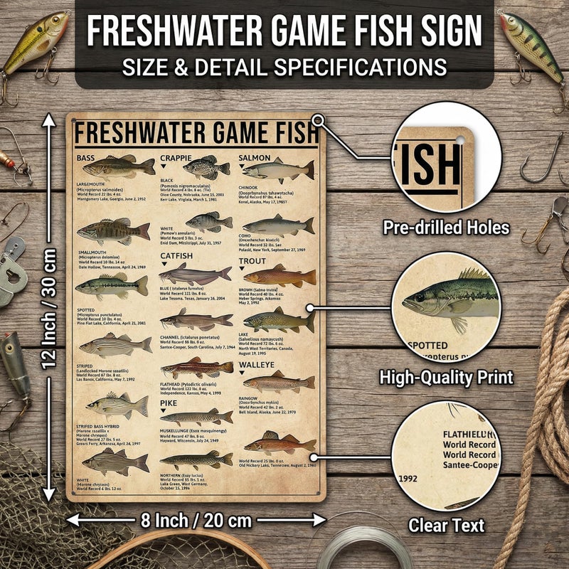 Smilelife Boy's Fishing Gifts Vintage Fresh Water Gamefish Knowledge Tin Sign for Man Cave Boys Hunting Room Bedroom Lake House Cabin Wall Art Decor 8x12 Inch (3069) - Image 2