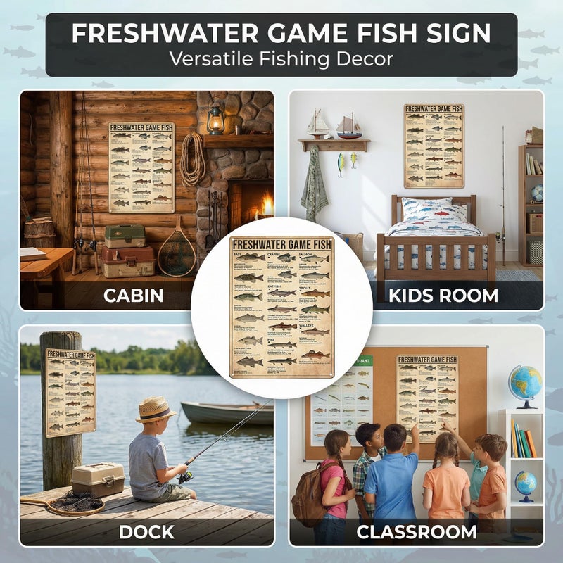 Smilelife Boy's Fishing Gifts Vintage Fresh Water Gamefish Knowledge Tin Sign for Man Cave Boys Hunting Room Bedroom Lake House Cabin Wall Art Decor 8x12 Inch (3069) - Image 3