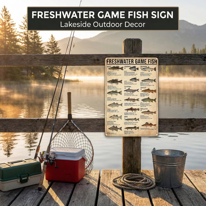 Smilelife Boy's Fishing Gifts Vintage Fresh Water Gamefish Knowledge Tin Sign for Man Cave Boys Hunting Room Bedroom Lake House Cabin Wall Art Decor 8x12 Inch (3069) - Image 5