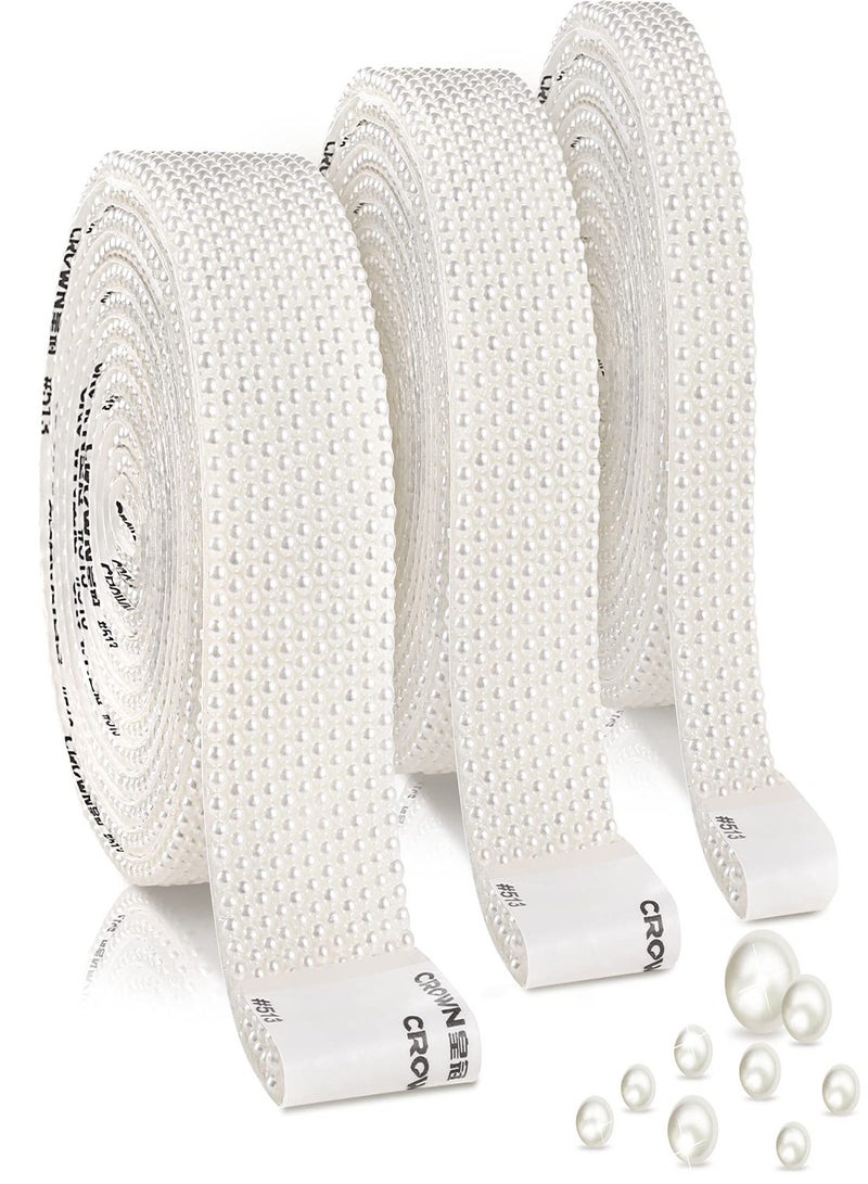 KASTWAVE Pearl Stickers 3 Rolls Self Adhesive Pearl Beaded Sticker Faux Pearl Beads Ribbon Pearl Bead Roll Pearls Ribbon for DIY Crafts Wedding Party Decorations Pure White ABS Half Round Pearl - Image 1