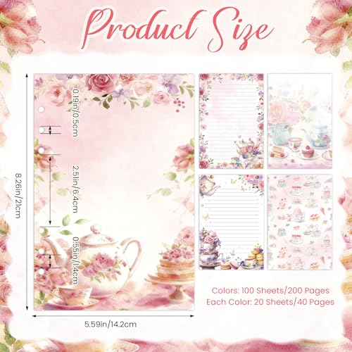 Pineraap 100 Sheets Tea Party A5 Refills Papers for Planner Insert Binder, 120GSM Thick Floral Teapot Notebook Fillers, Garden Tea Time 6 Hole Loose Leaf Papers for A5 6 Ring Binder Journal Diary Budget - Image 2