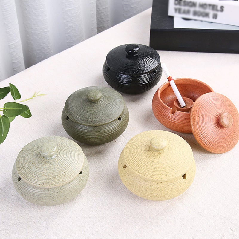 Lidded Ceramic Ashtray: Deep Spacious Container With Anti-Skid Bottom - 3 Smooth Round Grooves Decorative Ashtray for Home Patio Indoor Outdoor Use - Image 5