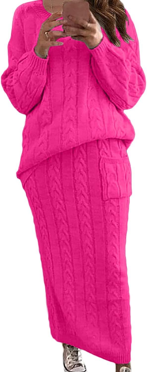 CHARTOU Womens Winter Chunky Cable Knit Long Skirt 2 Piece Outfit Sweater Sets Large Rose