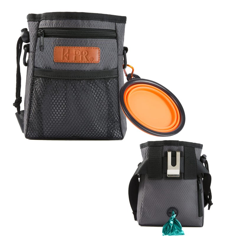 KHPR Dog Treat Training Pouch Easily Carries Pet Toys Kibble,Treats Built-in Poop Bag Dispenser 3 Ways to Wear Comes with a Foldable Silicone Bowl(Dark Grey) - Image 1