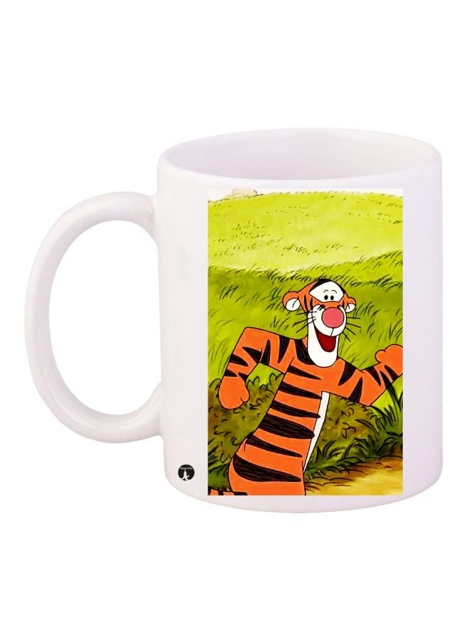RYN Tiger Cartoon Printed Coffee Mug White/Orange/Green 11ounce