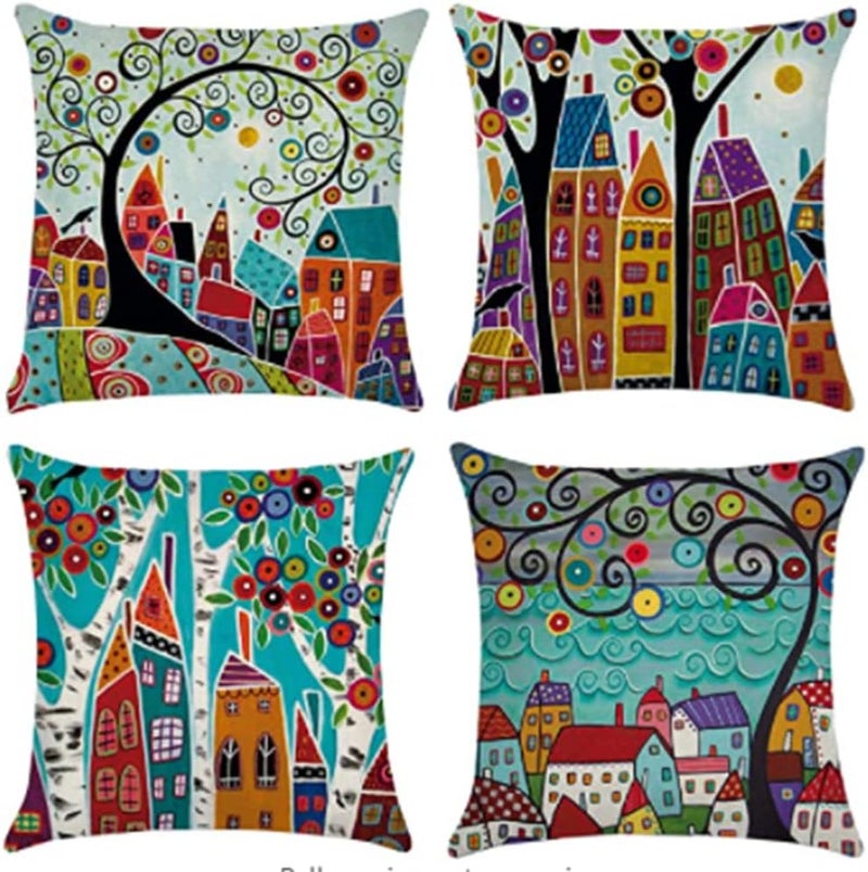 KASTWAVE Throw Cushion Covers Square Pillow Covers Soft Linen Pillowcases Abstract House Set of 4 for Living Room Sofa Bedroom with Invisible Zipper 18x18 Inches - Image 1