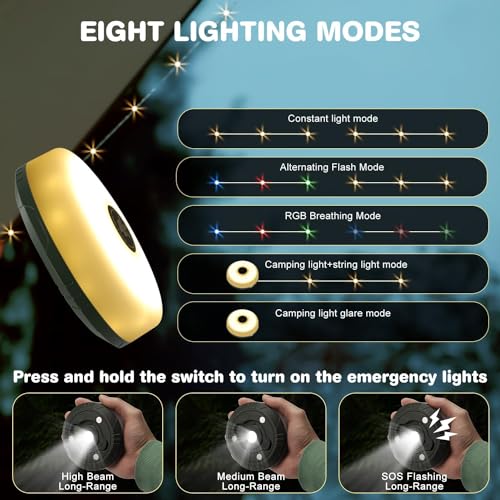KLIFFOO 2 in 1 Rechargeable Camping String Lights and LED Flashlights with 8 Lighting Modes (32.8FT) Outdoor Portable USB Camping String and Lantern with Power Bank for Hiking,Tent,Decoration,Diwali - Image 3
