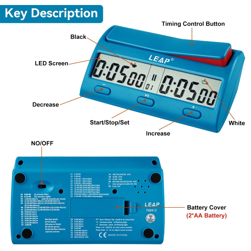 LEAP Chess Clock Advanced Digital Chess Timer with 7 Type 38 Timing Set Modes Including Single or Multi Period Countdown Restricted Moves or Time Function - Image 5