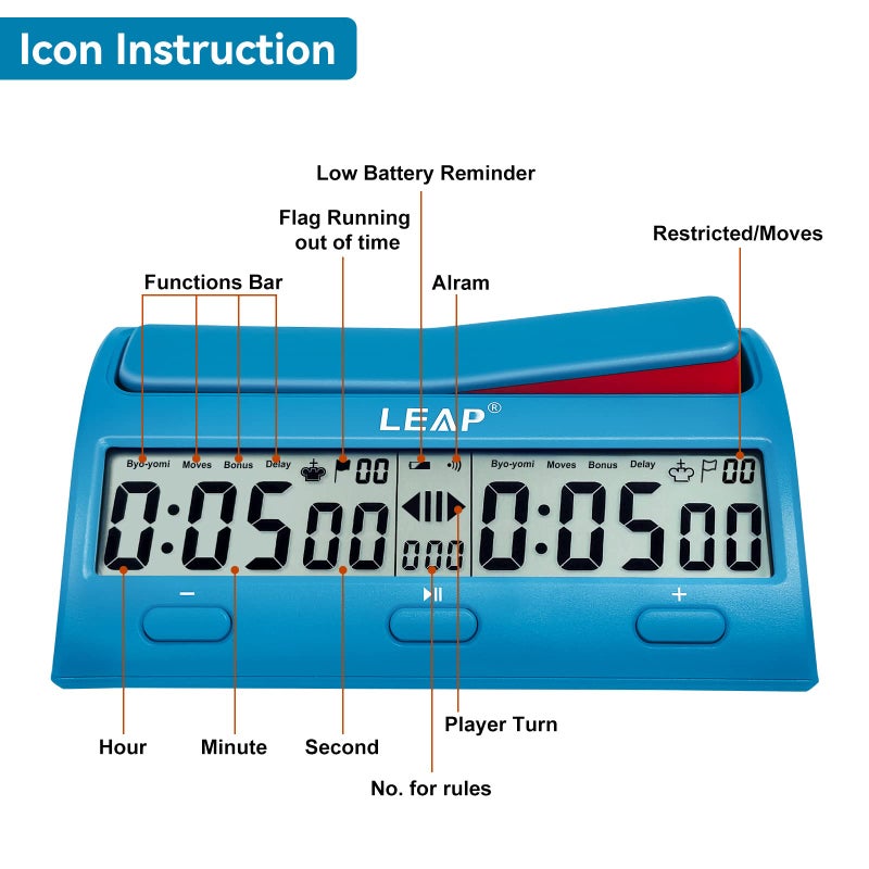 LEAP Chess Clock Advanced Digital Chess Timer with 7 Type 38 Timing Set Modes Including Single or Multi Period Countdown Restricted Moves or Time Function - Image 3
