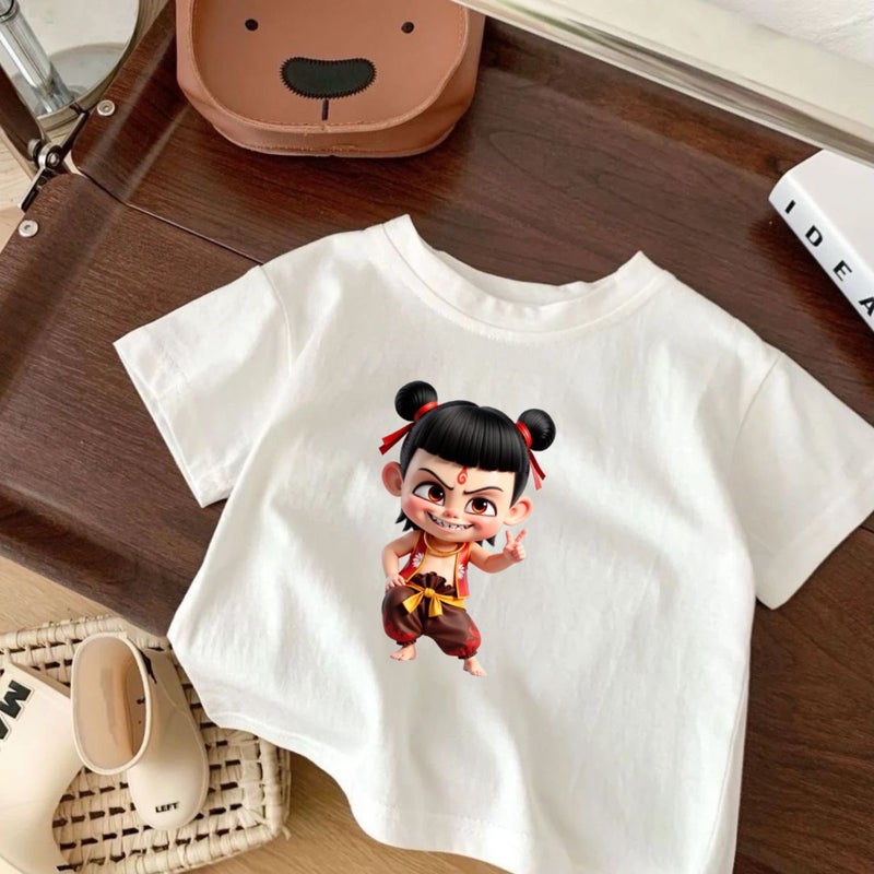 Nezha Kidsren'S Short-Sleeved Cotton T-Shirt For Boys And Girls New Top Cartoon Summer Thin Bottoming Shirt White Trbottomy - Image 1
