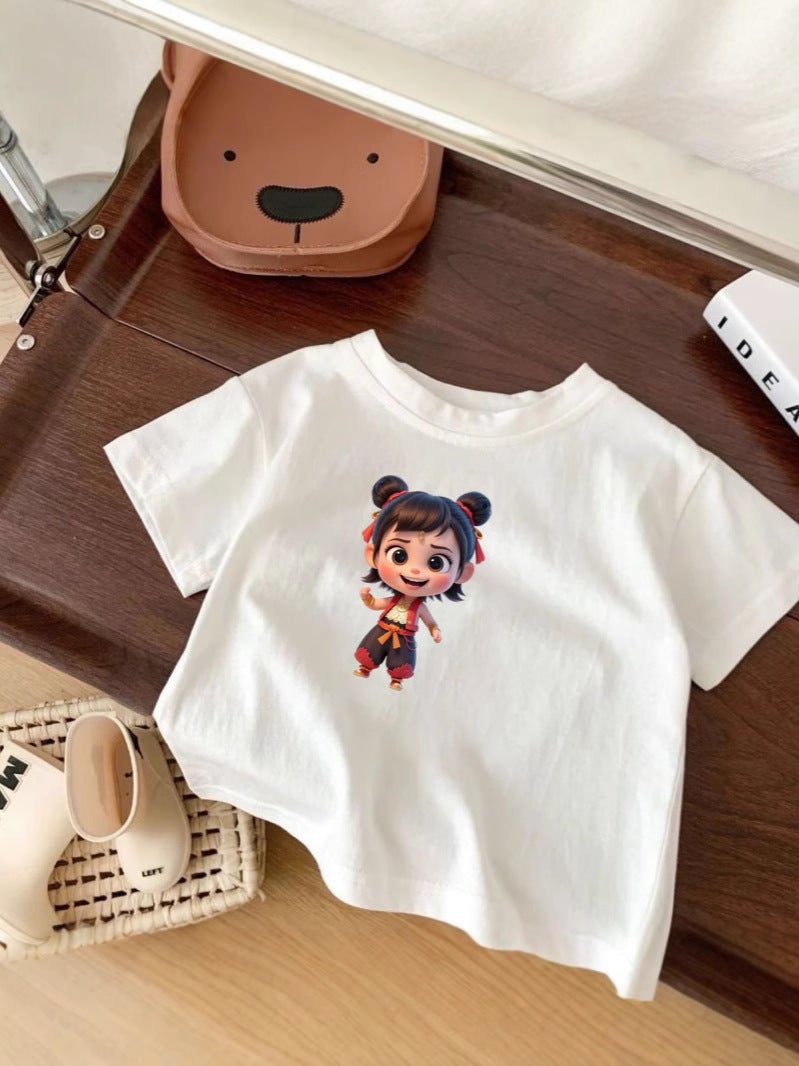Nezha Kidsren'S Short-Sleeved Cotton T-Shirt For Boys And Girls New Top Cartoon Summer Thin Bottoming Shirt White Trbottomy - Image 5