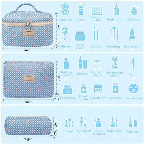 Gosect 3PC Makeup Bag Set Cute Cosmetic Bag for Women Girls Floral Coquette Aesthetic Toiletry Bag Travel Make Up Organizer Bag Blue Check - Image 3