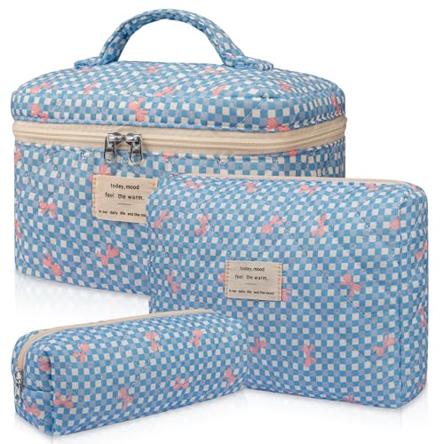 Gosect 3PC Makeup Bag Set Cute Cosmetic Bag for Women Girls Floral Coquette Aesthetic Toiletry Bag Travel Make Up Organizer Bag Blue Check - Image 1
