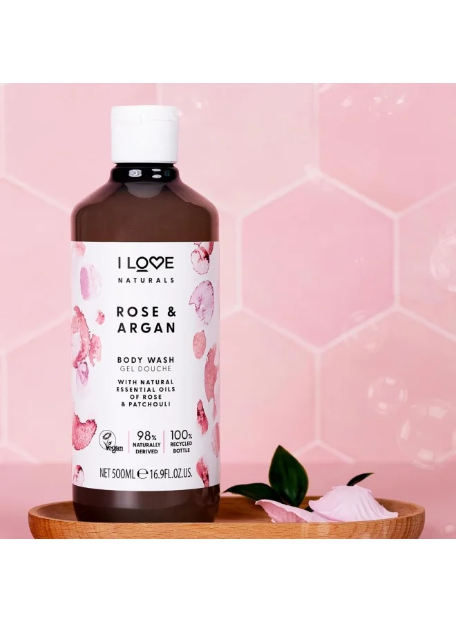 I LOVE I Love Naturals Rose & Argan Body Wash | 500ml | Hydrating Plant-Based Cleanser | Vegan, Sulfate-Free & Luxurious Lather