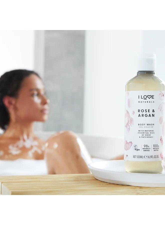 I LOVE I Love Naturals Rose & Argan Body Wash | 500ml | Hydrating Plant-Based Cleanser | Vegan, Sulfate-Free & Luxurious Lather