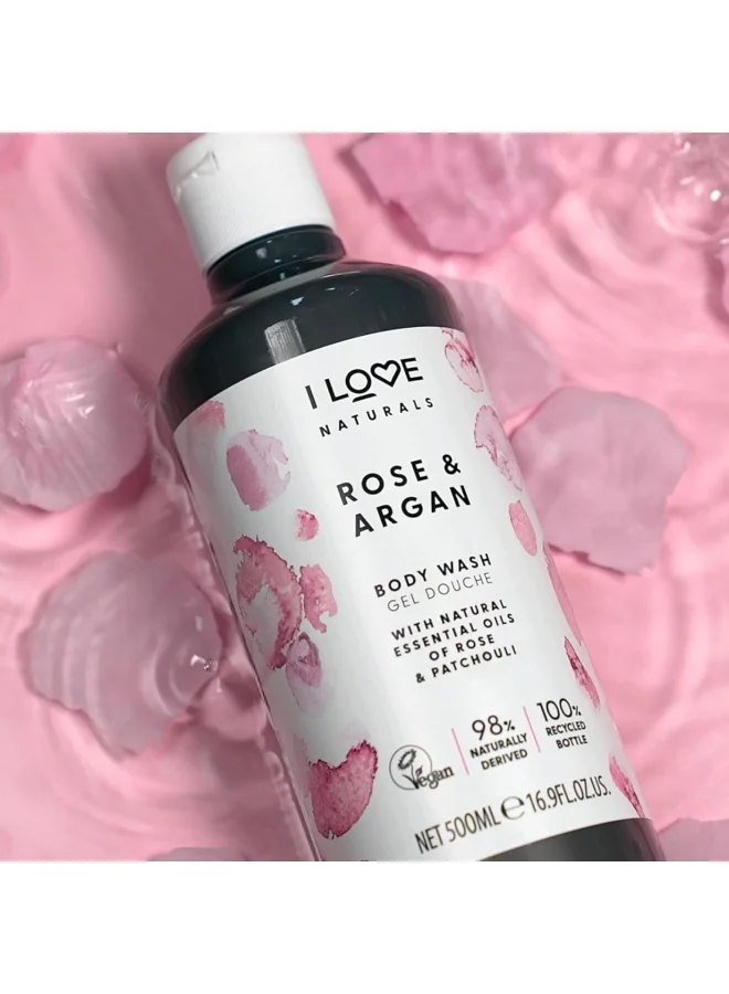 I LOVE I Love Naturals Rose & Argan Body Wash | 500ml | Hydrating Plant-Based Cleanser | Vegan, Sulfate-Free & Luxurious Lather