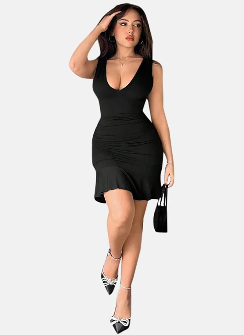 يونيكي Black Solid Sleeveless U-neck Mini Bodycon Dress