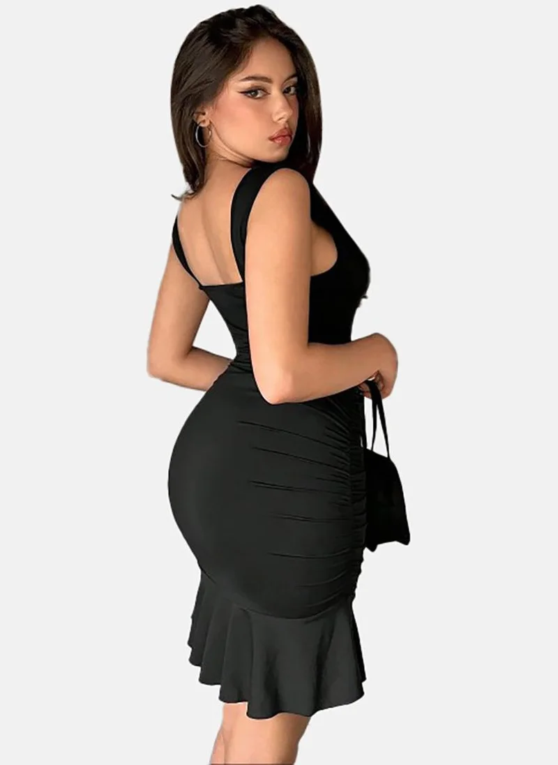 يونيكي Black Solid Sleeveless U-neck Mini Bodycon Dress