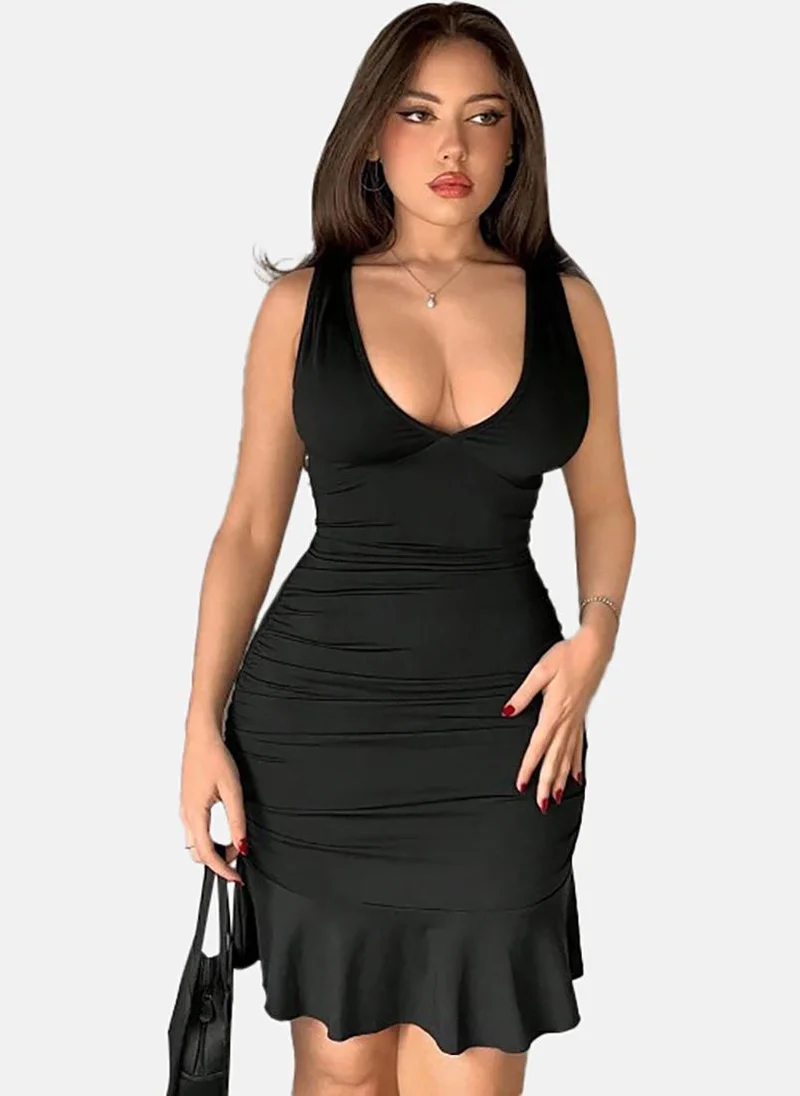 YUNIQEE Black Solid Sleeveless U-neck Mini Bodycon Dress