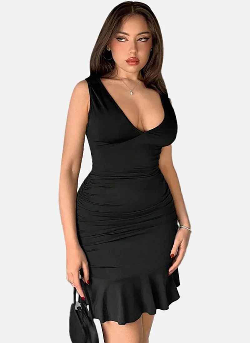 YUNIQEE Black Solid Sleeveless U-neck Mini Bodycon Dress