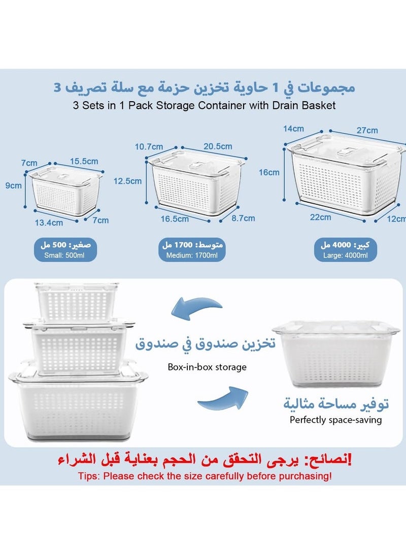 Captaintech - Fresh Produce Saver Veggie Fruit Storage Containers 6-in-1 for Refrigerator 3 Pack Fridge Food Storage Container Set with Lids Draining Crisper Strainers Fruit Vegetable Fresh-keeping Box 0.5L 1.7L 4L - Image 1