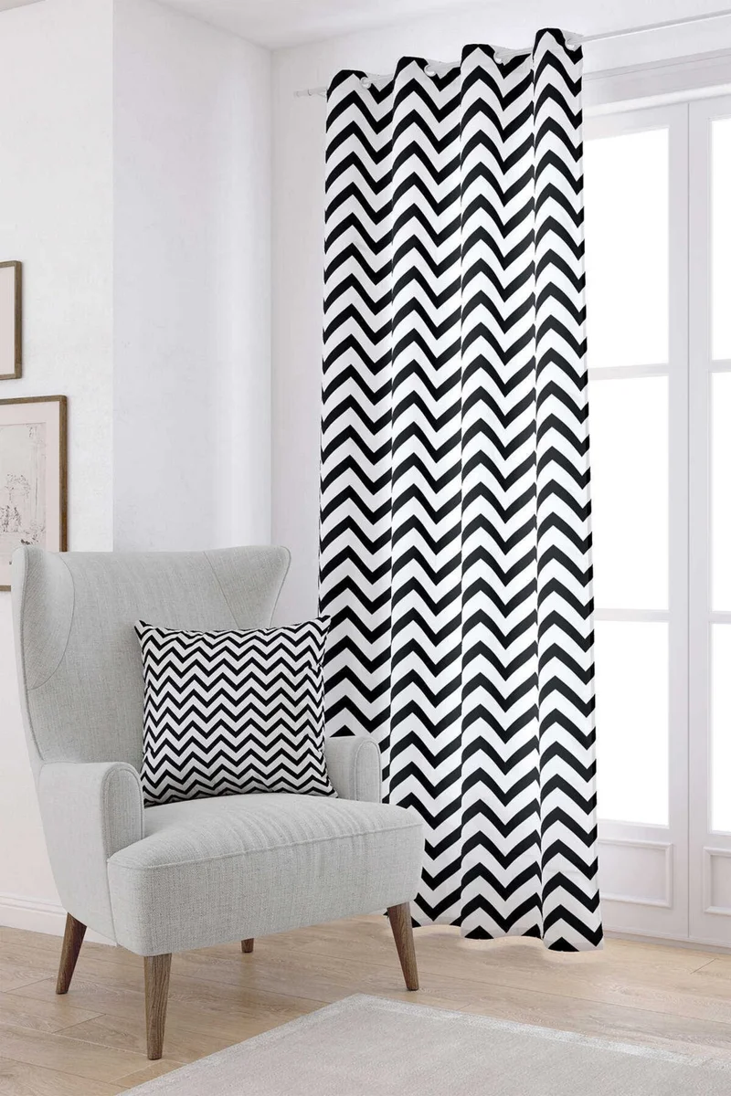كانغو هوم Black and White Zigzag Patterned Digital Printed Curtain OTYK516-PR