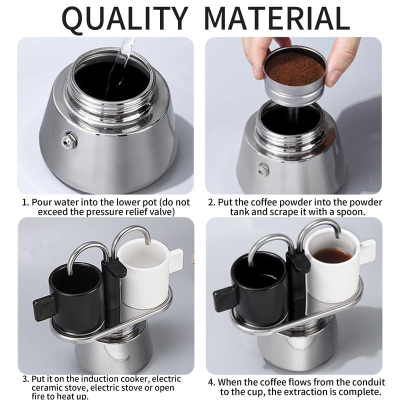 YIHAOSSING Stainless Steel Moka Pot,2 Cup Stovetop Double Spout Espresso Maker, Easy to operate, Making Coffee Quickly,100ML Moka Pot for Home Outdoor Camping - Image 5