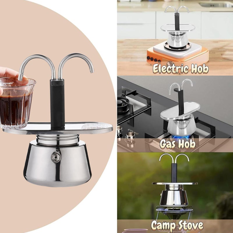 YIHAOSSING Stainless Steel Moka Pot,2 Cup Stovetop Double Spout Espresso Maker, Easy to operate, Making Coffee Quickly,100ML Moka Pot for Home Outdoor Camping - Image 4