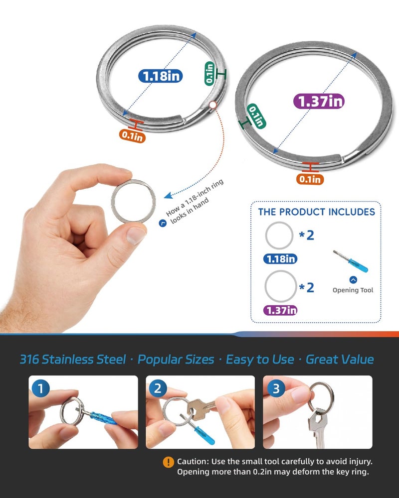 Flickzo 316 Stainless Steel Key Rings 4 Pack (2Ã—1.18in & 2Ã—1.37in) Rustproof Heavy Duty Split Rings for Car Keys, Dog Tags, Diving, Boating, Outdoor, Pool, Lab, DIY Crafts - Image 3
