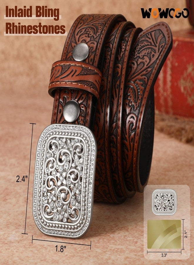 WOWOGO Kids Western Belt for Boys Girls Genuine Leather Cowgirl Cowboy Floral Engraved Tooled Belt with Embossed Buckle - Image 3