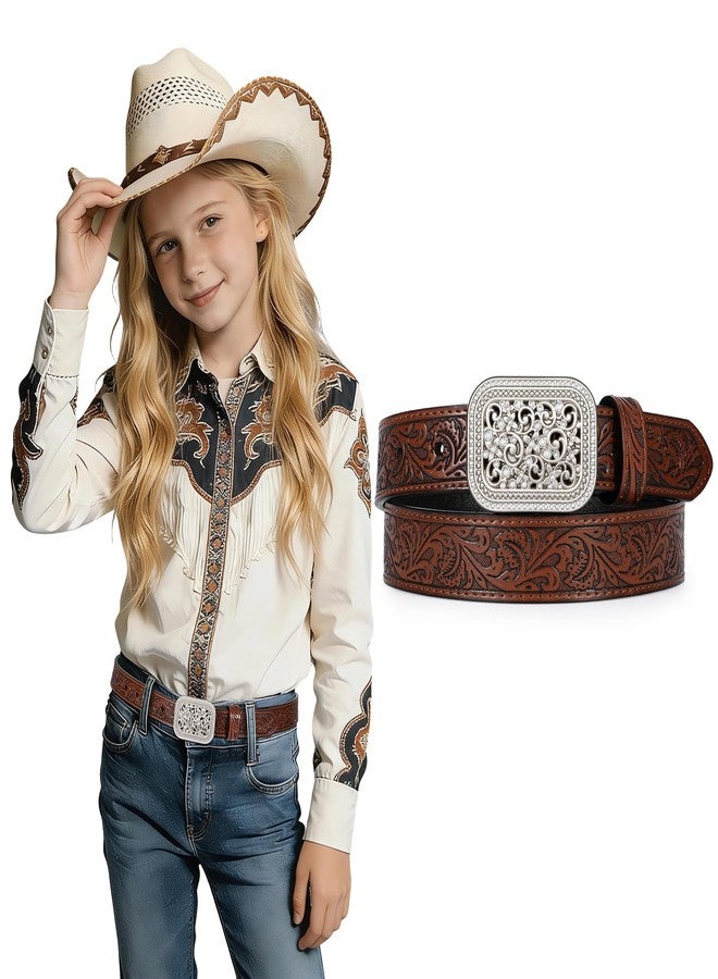 WOWOGO Kids Western Belt for Boys Girls Genuine Leather Cowgirl Cowboy Floral Engraved Tooled Belt with Embossed Buckle - Image 1