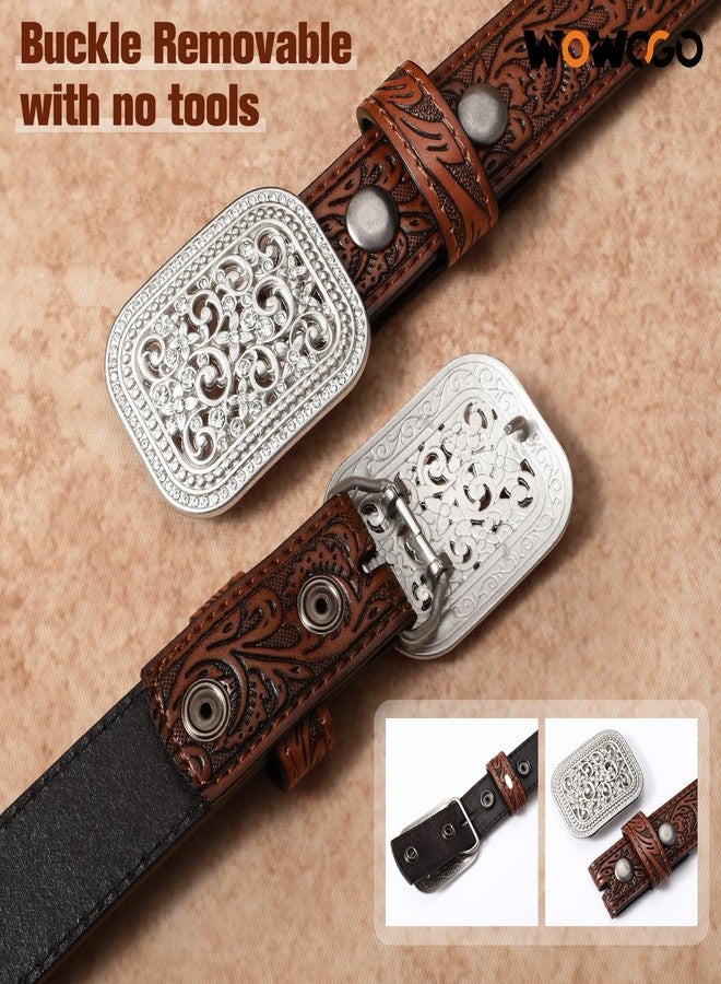 WOWOGO Kids Western Belt for Boys Girls Genuine Leather Cowgirl Cowboy Floral Engraved Tooled Belt with Embossed Buckle - Image 4