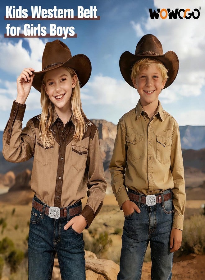 WOWOGO Kids Western Belt for Boys Girls Genuine Leather Cowgirl Cowboy Floral Engraved Tooled Belt with Embossed Buckle - Image 2