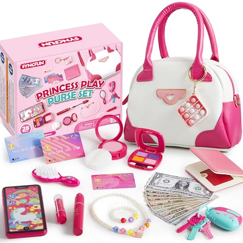 SYNCFUN Play Purse Set for Little Girls 27 PCS Princess Toy Set with Handbags Makeup Phone Wallet Jewelry Lipstick Keys for Girls 3 4 5 6 Years Old Toddlers Kids - Image 1