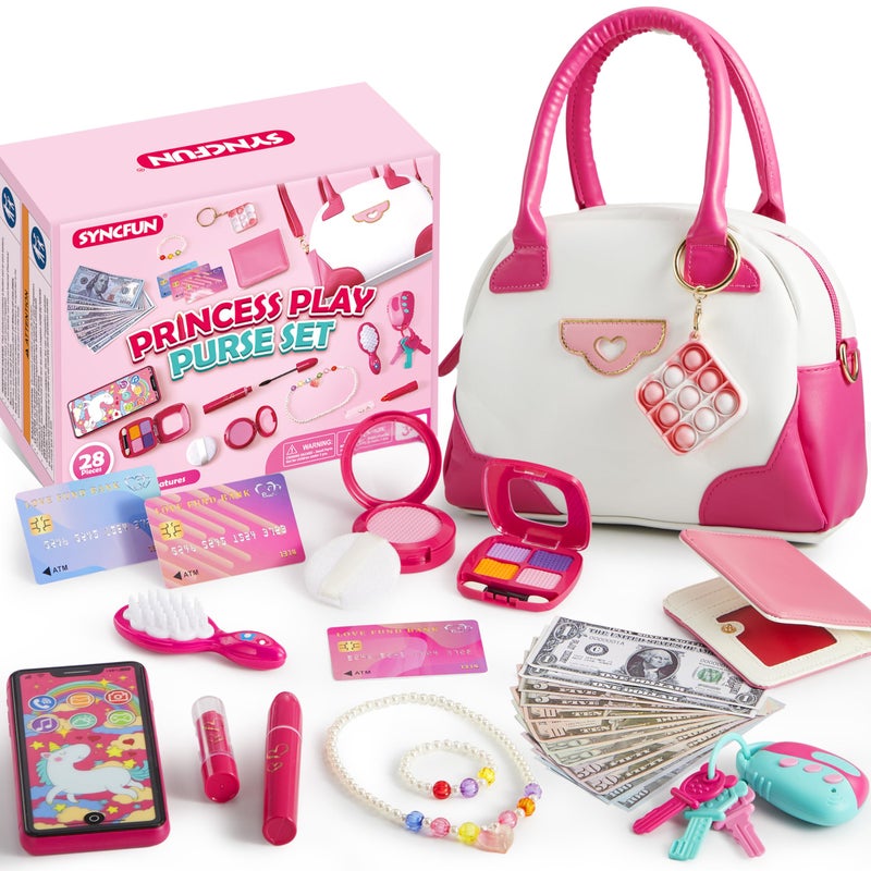 SYNCFUN Play Purse Set for Little Girls 27 PCS Princess Toy Set with Handbags Makeup Phone Wallet Jewelry Lipstick Keys for Girls 3 4 5 6 Years Old Toddlers Kids - Image 3