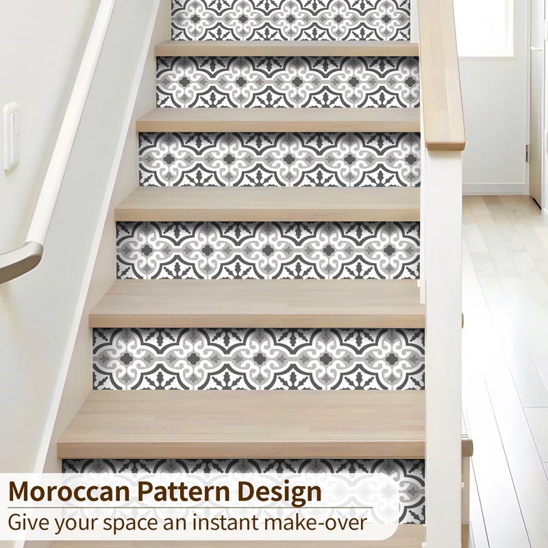 funlife 14 Strips Peel and Stick Stair Risers Stickers, Self Adhesive Vinyl Stair Stickers Decals, Staircase Murals Decor for Steps, 39.37"X7.09", Moroccan Pattern - Image 4