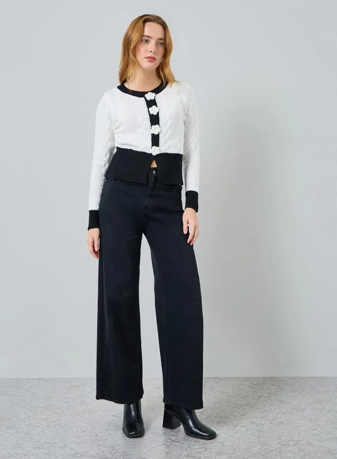 Take Two Women Flower Front Detail Cable Knit Sweater