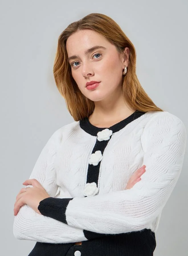 Take Two Women Flower Front Detail Cable Knit Sweater