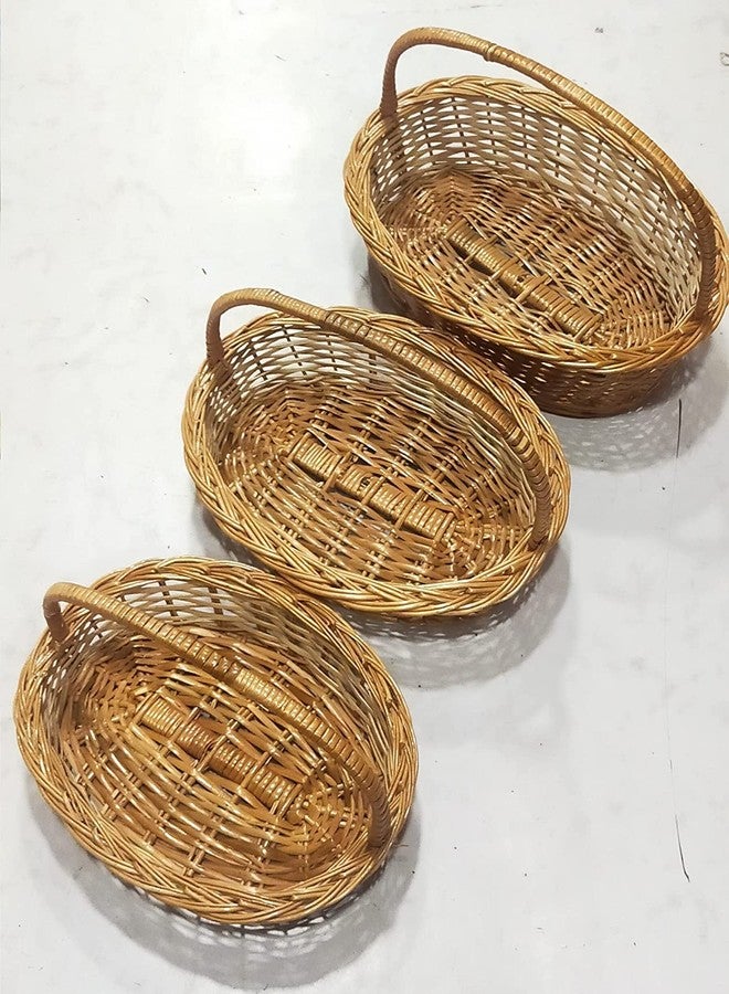 HM SERVICES Oval Handle Cane Bamboo Basket for Multipurpose uses for Hamper Chocolate Flower Pooja Cane Basket, Festival Gifts Packing with Handle Set of 3 Baskets. Size 14 inch, 13 inch,12 inch - Image 1
