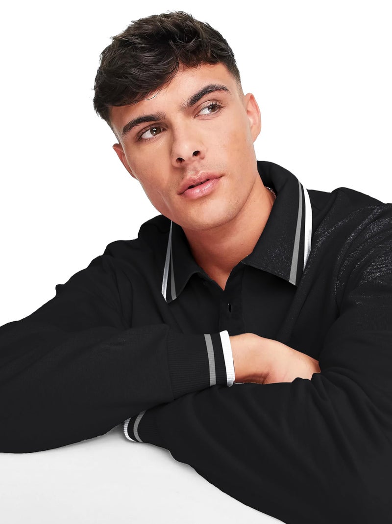 Jump Cuts Mens Printed Polo Neck Full Sleeve Black Oversized Fit Cotton Blend Polo T-Shirt - Image 3