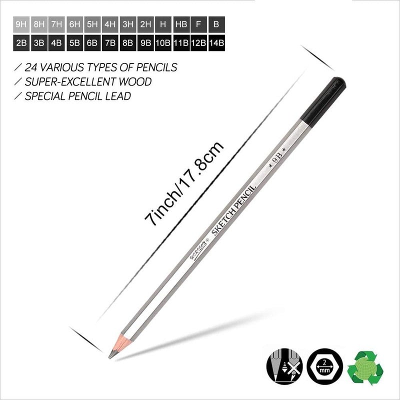 KP2® 24 Drawing Pencils Set, Art Sketching Pencils 14B, 12B, 10B, 9B, 8B, 7B, 6B, 5B, 4B, 3B, 2B, B, Hb, F, H - 9H, Graphite Pencils For Adults and Kid Artists - Image 2