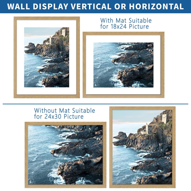 Hongkee 24x30 Frame Set of 2, Natural Oak Wood Style - Display 18x24 Picture Frame with Mat or 24 x 30 Poster without Mat, Wall Mounting Horizontal and Vertical - Image 2