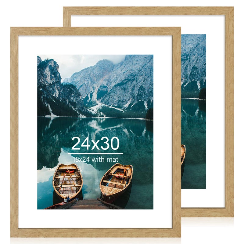 Hongkee 24x30 Frame Set of 2, Natural Oak Wood Style - Display 18x24 Picture Frame with Mat or 24 x 30 Poster without Mat, Wall Mounting Horizontal and Vertical - Image 1