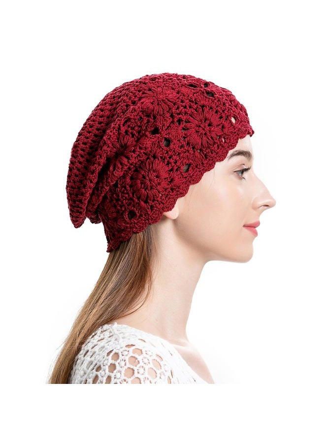ZLYC Women Cotton Crochet Slouchy Beanie Hat Handmade Knit Summer Skull Cap, Solid Red, One Size - Image 1